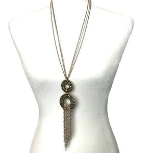 Gold Silver Tone 3 Stand Long Chain & Double Circle Pendant with Tassels